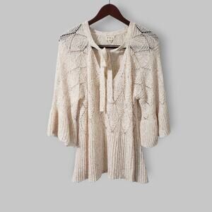 POL Open Knit Leaf Sweater Tunic Top Bell Sleeve Pink Speckled Sz Med Boho Fairy